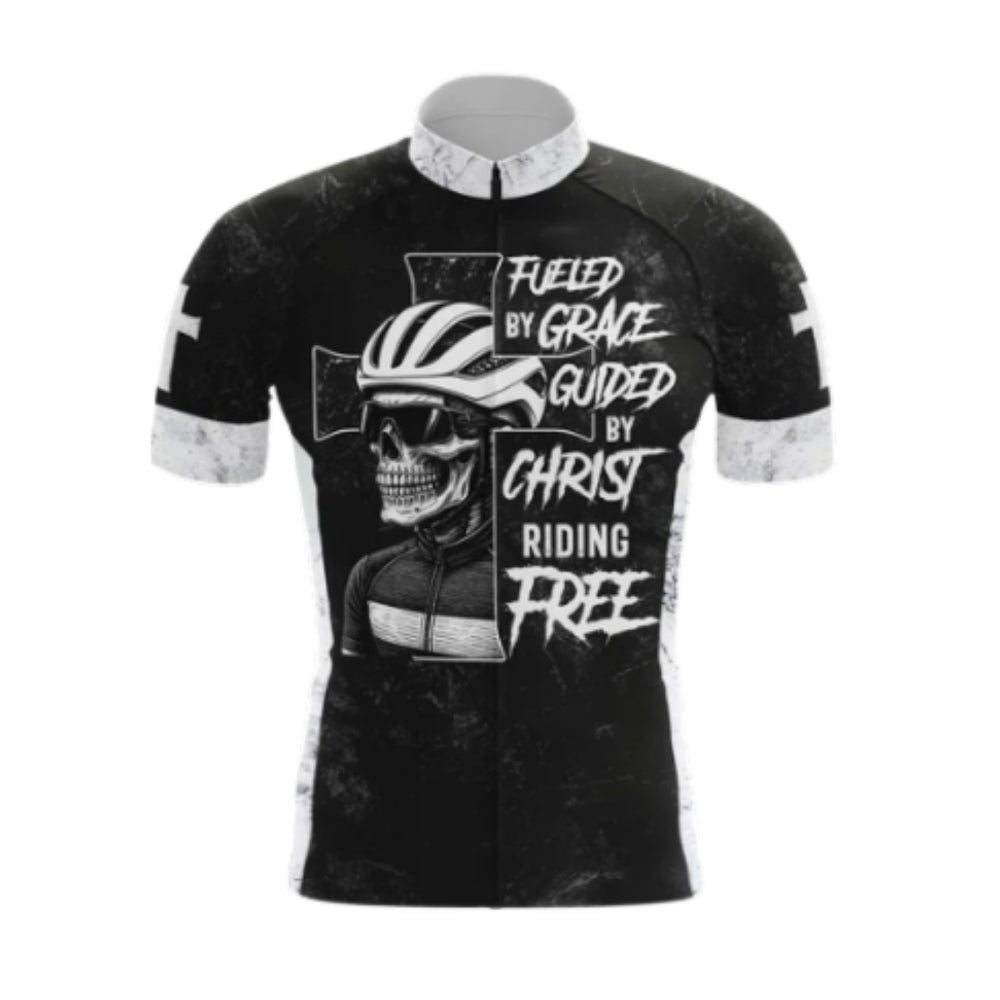 Flued By Grace Guid By Christ Riding Free Skull Cycling Short Sleeve Jersey For Men, Skull Christian Cycling Jersey CG0535