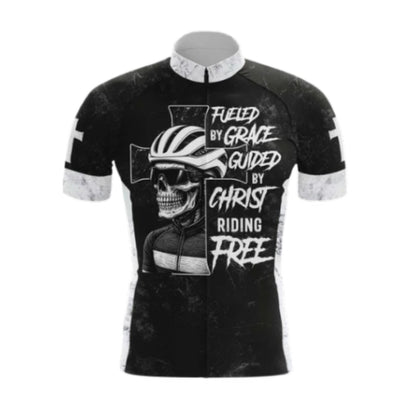 Flued By Grace Guid By Christ Riding Free Skull Cycling Short Sleeve Jersey For Men, Skull Christian Cycling Jersey CG0535