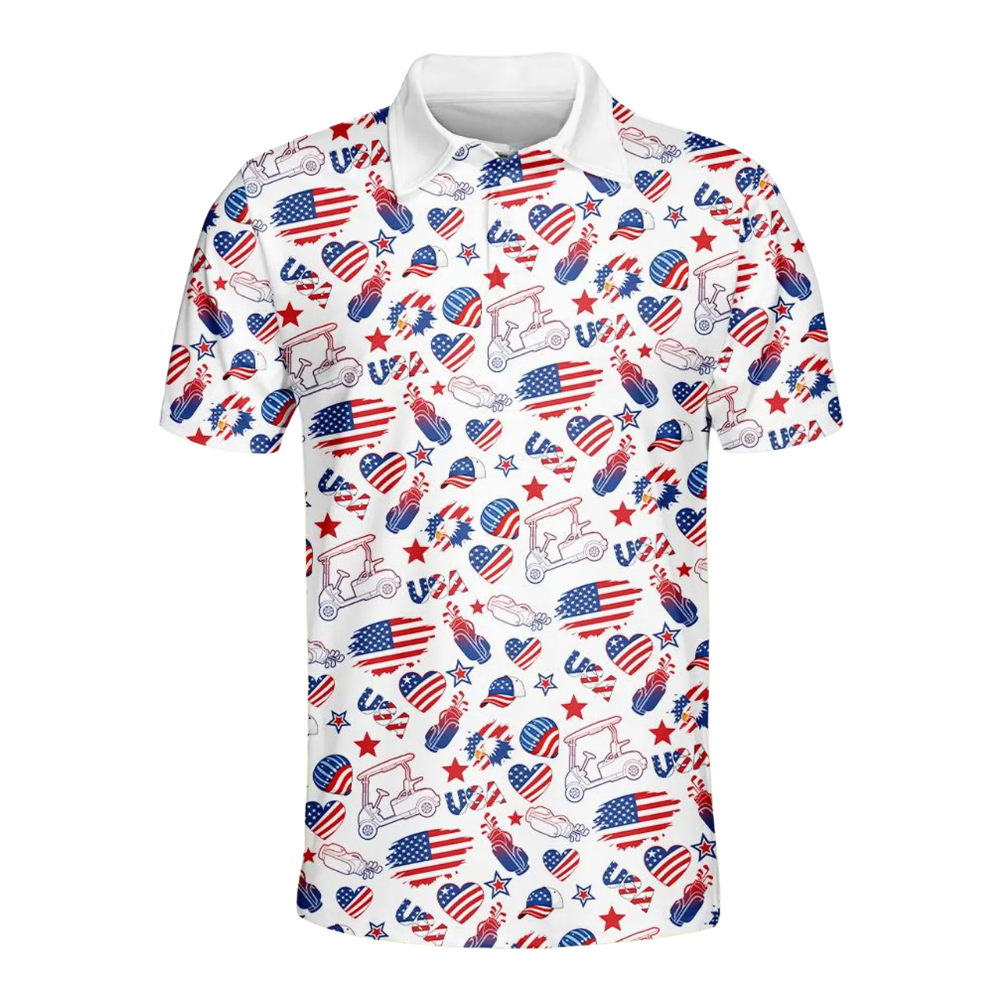 Golf Pattern American Flag Mens Golf Polo Shirt, Patriotic Fourth Of July Golf Shirts GE0566