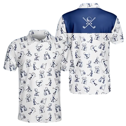 Stickfigures Blue And White Mens Golf Polo Shirt, Funny Golf Shirt For Mens GE0556