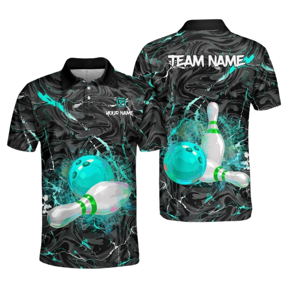 Custom Team Black Swirling Marbled Bowling Mens Polo Shirts, Custom Team Bowling Shirts BZ1092