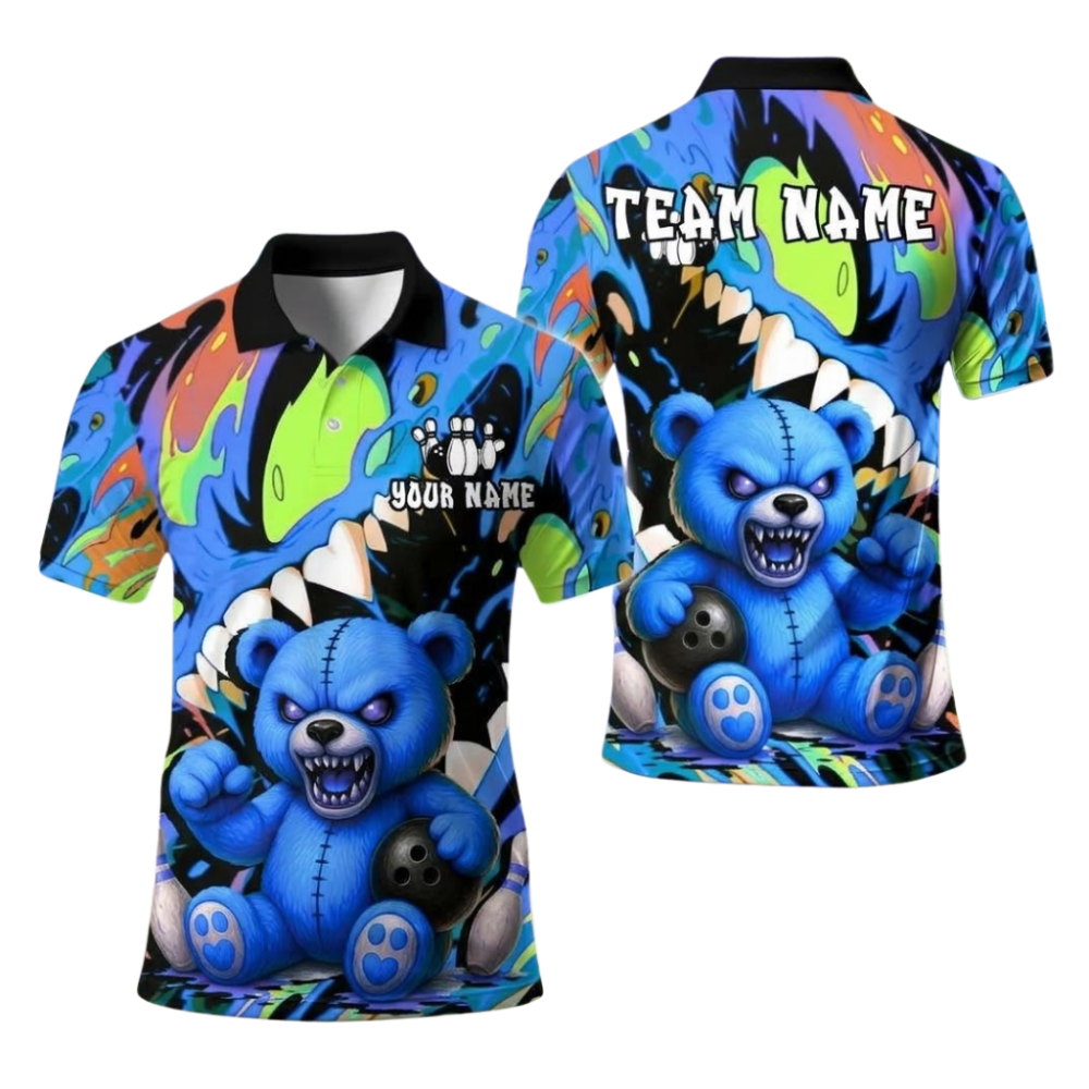 Custom Angry Bear Bowling Polo Shirts For Men, Custom Bear Team Bowling Shirts BE0275
