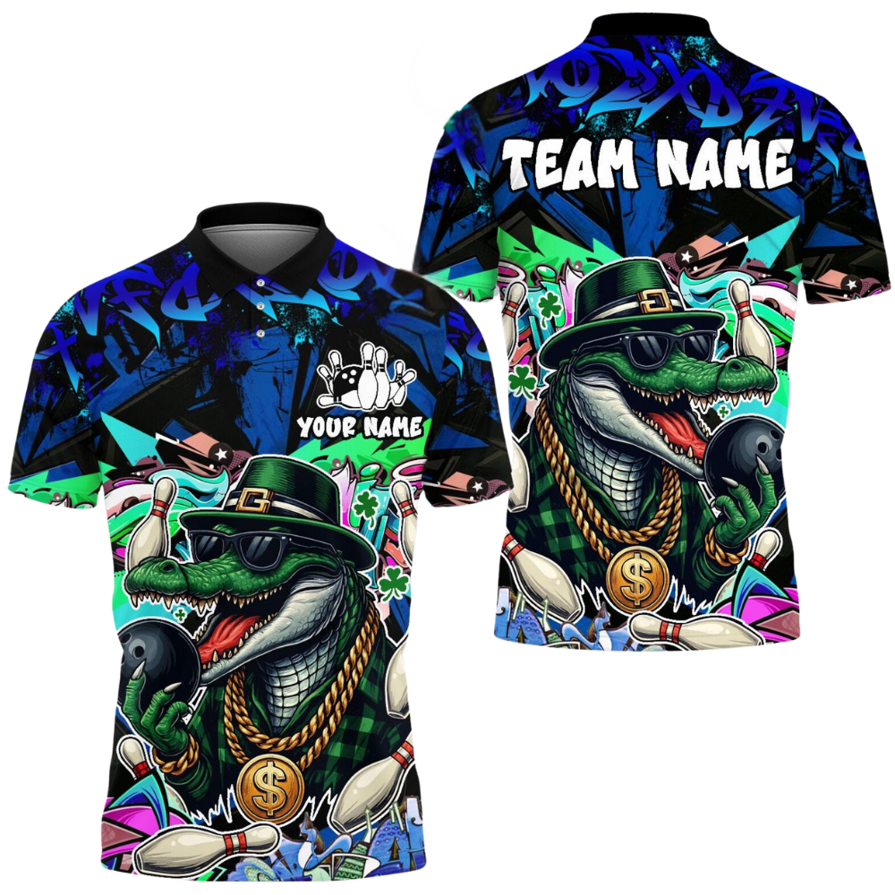 Custom Funny Crocodile Bowling Mens Polo Shirt Green, Custom Crocodile Bowling Team Shirts BE0207