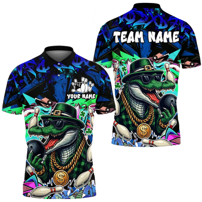 Custom Funny Crocodile Bowling Mens Polo Shirt Green, Custom Crocodile Bowling Team Shirts BE0207