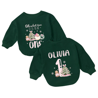 Oh What Fun To Be One Custom Christmas Baby Romper Sweatshirt, Custom First Birthday Xmas Romper Sweatshirt For Baby BB0526