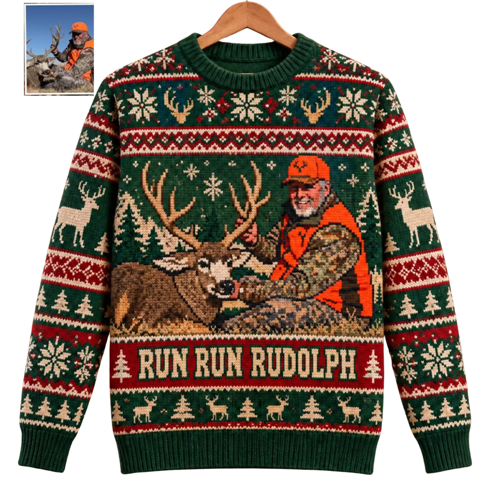 Run Run Rodolph Custom Hunting Photo Ugly Christmas Sweatshirt, Personalized Christmas Hunting Lover Ugly Sweater 2D1281