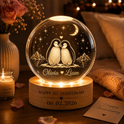 Custom Penguin 1st Anniversary Crystal Ball Led Night Light, Custom Penguin Couple Night Light WD0856