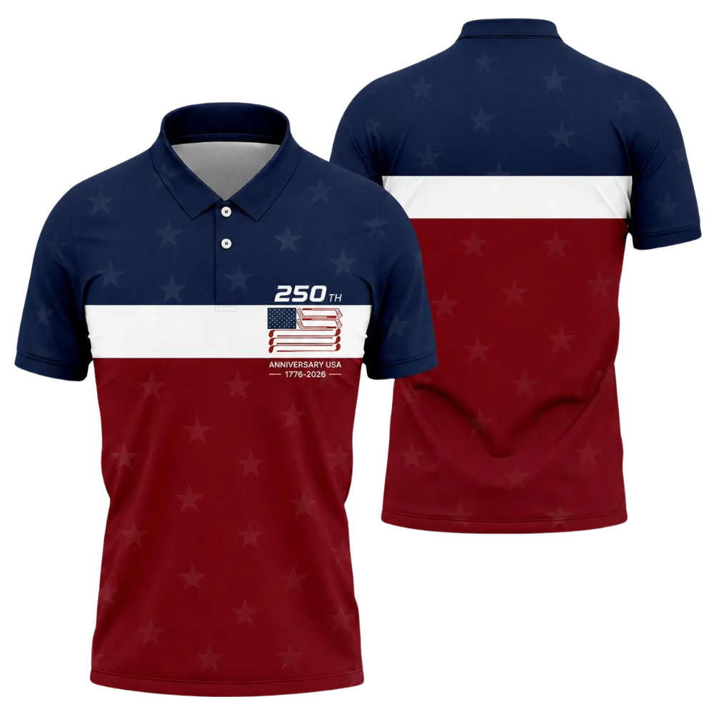250th Anniversary USA 1776-2026 Navy White Red Golf Polo Shirt Men, 4th Of July Patriotic Golf Shirts GE0485