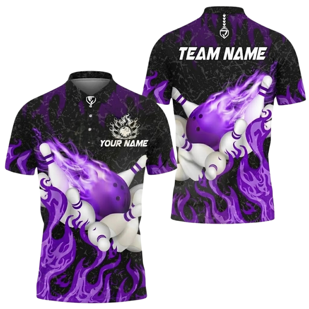 Custom Black And Cyan Flame Bowling Polo Shirt Mens, Custom Flame Team Bowling Shirts BZ0745