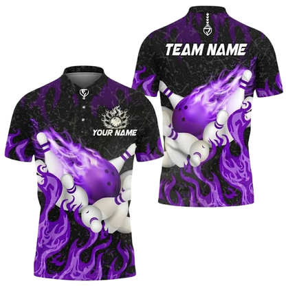 Custom Black And Cyan Flame Bowling Polo Shirt Mens, Custom Flame Team Bowling Shirts BZ0745