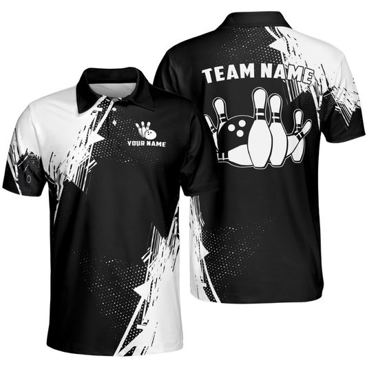 Custom Team Black White Bowling Polo Shirt For Men, Custom Bowling Shirts BE0210
