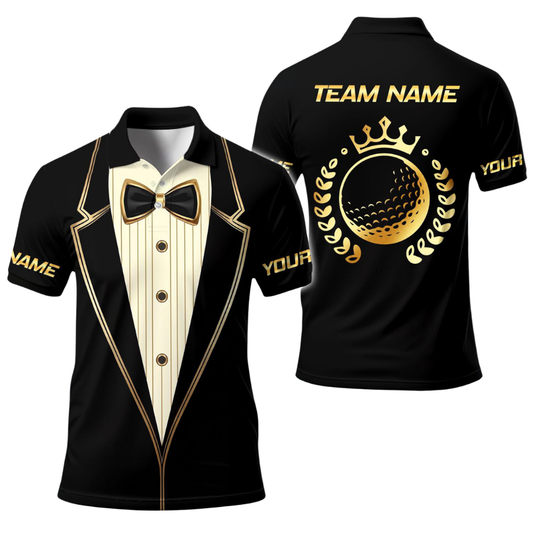 Tuxedo Mens Black And Gold Golf Polo Shirt, Tuxedo Golf Shirt GE0574