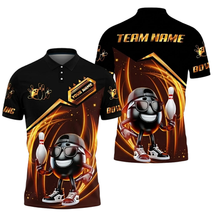 Funny Ball Custom Mens Black Blue Bowling Polo Shirt, Custom Bowling Team Shirts BZ0522