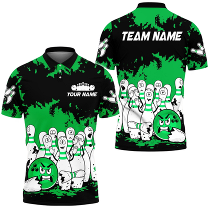 Custom Angry Ball And Scary Pins Men's Bowling Polo Shirt Black Red, Custom Funny Bowling Team Shirts BE0212
