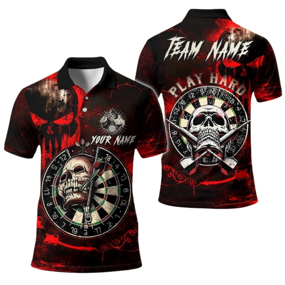 Custom Skull Dartboard Darts Polo Shirt Mens Black Red, Custom Skull Darts Shirts For Team DE0095