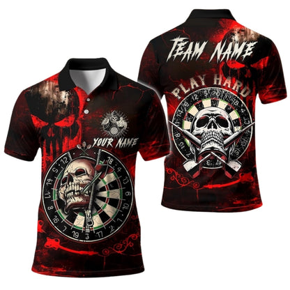 Custom Skull Dartboard Darts Polo Shirt Mens Black Red, Custom Skull Darts Shirts For Team DE0095