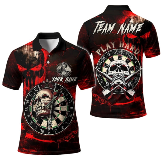 Custom Skull Dartboard Darts Polo Shirt Mens Black Red, Custom Skull Darts Shirts For Team DE0095
