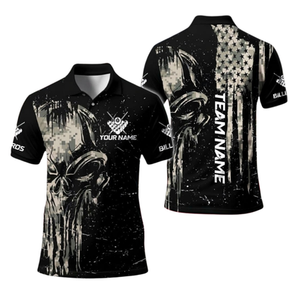 Custom Skull Camo Men's Black Polo 8 Ball Shirts, Custom Skull Billiard Pool Team Shirts BIE0066