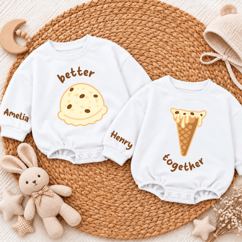 Better Together Icecream Custom Matching Twins Baby Romper Sweatshirt, Personalized Twins Baby Romper Sweater BB0967