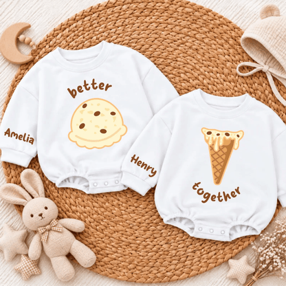 Better Together Icecream Custom Matching Twins Baby Romper Sweatshirt, Personalized Twins Baby Romper Sweater BB0967