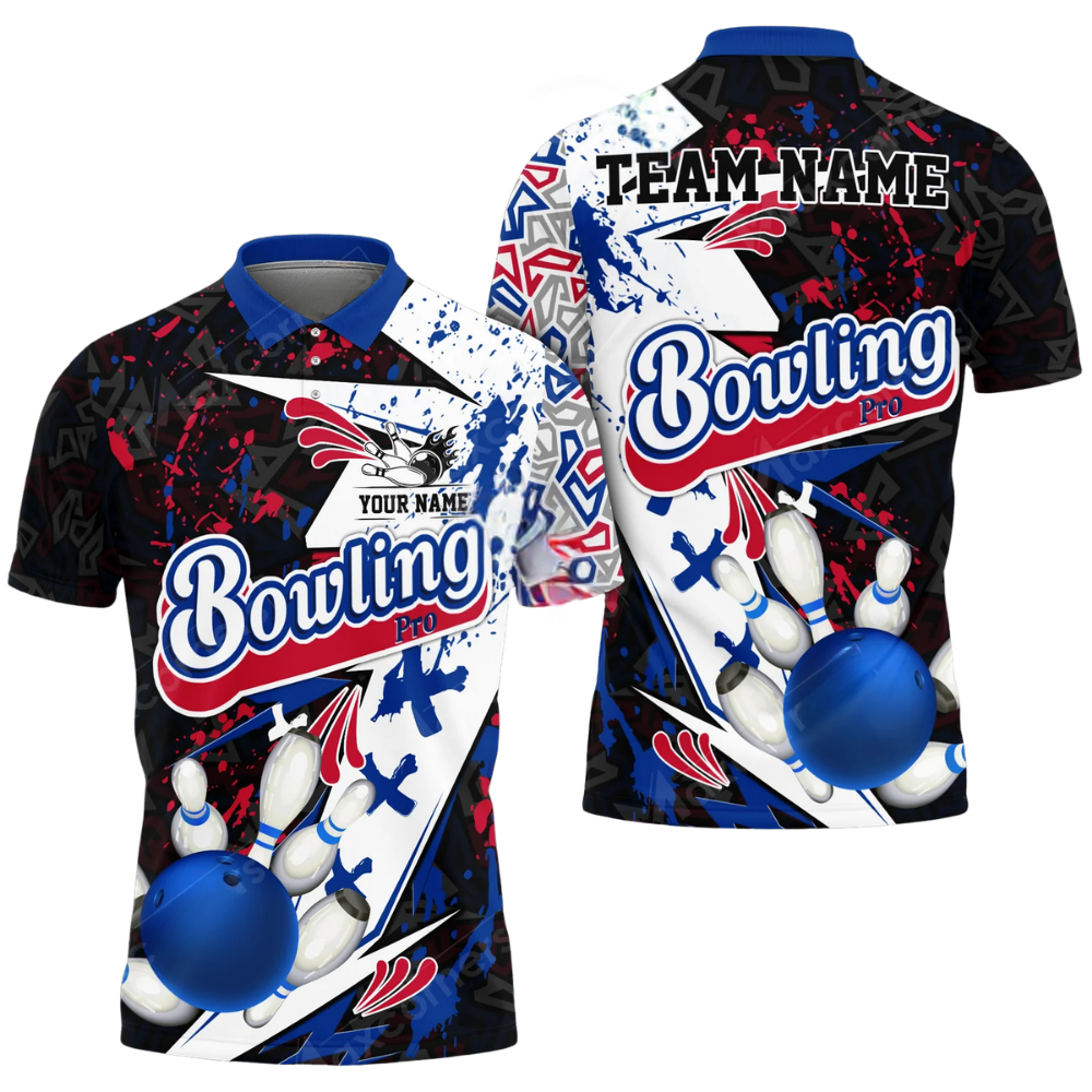 Custom Team Abstract Black Blue White Bowling Polo Shirt For Men, Custom Bowling Shirts BZ0779