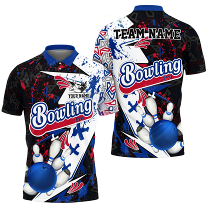 Custom Team Abstract Black Blue White Bowling Polo Shirt For Men, Custom Bowling Shirts BZ0779