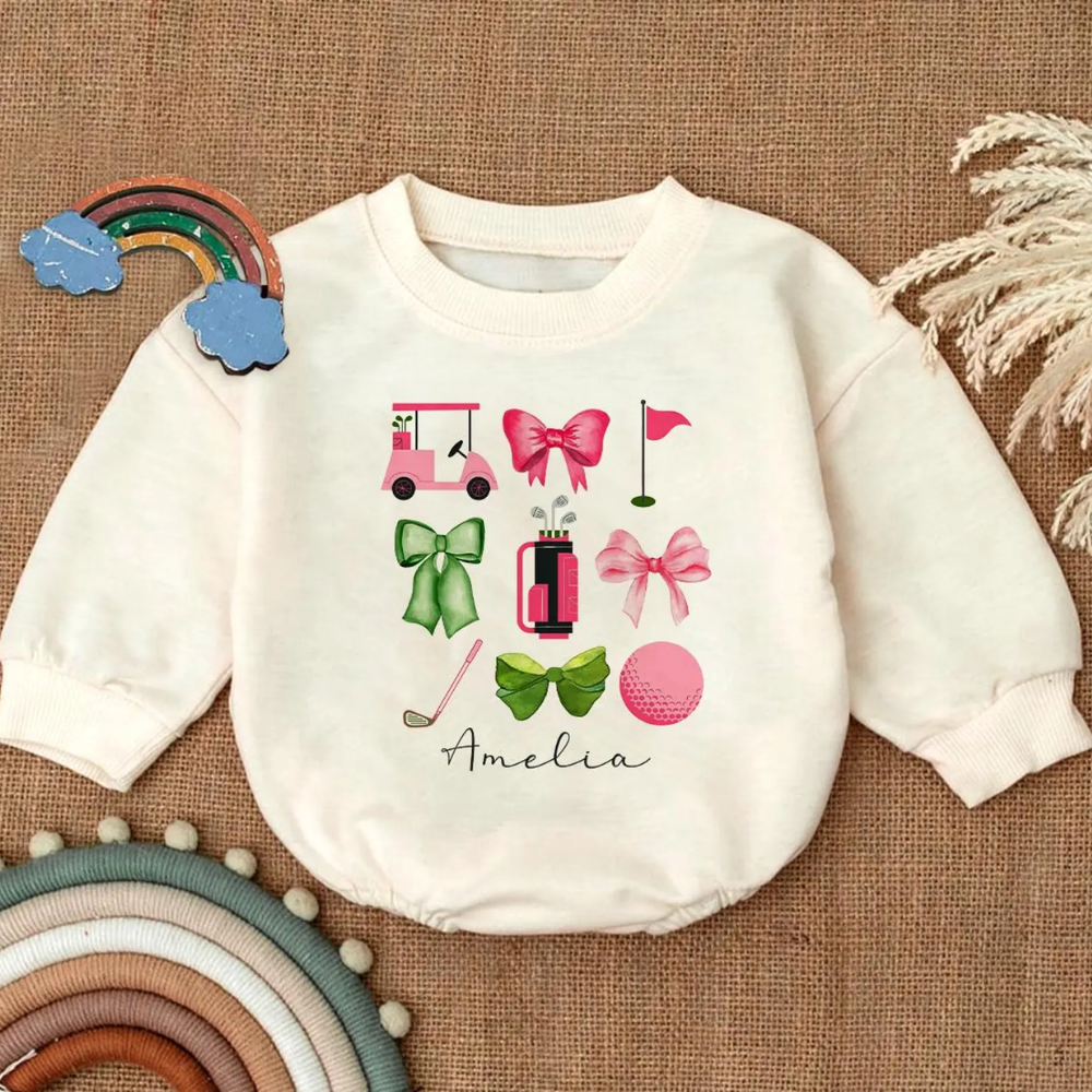 Custom Name Cute Golf Bow Baby Girl Romper Sweatshirt, Custom Golf Baby Romper Sweatshirt BB0113