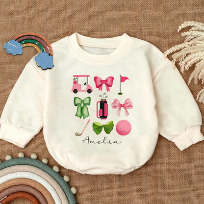 Custom Name Cute Golf Bow Baby Girl Romper Sweatshirt, Custom Golf Baby Romper Sweatshirt BB0113