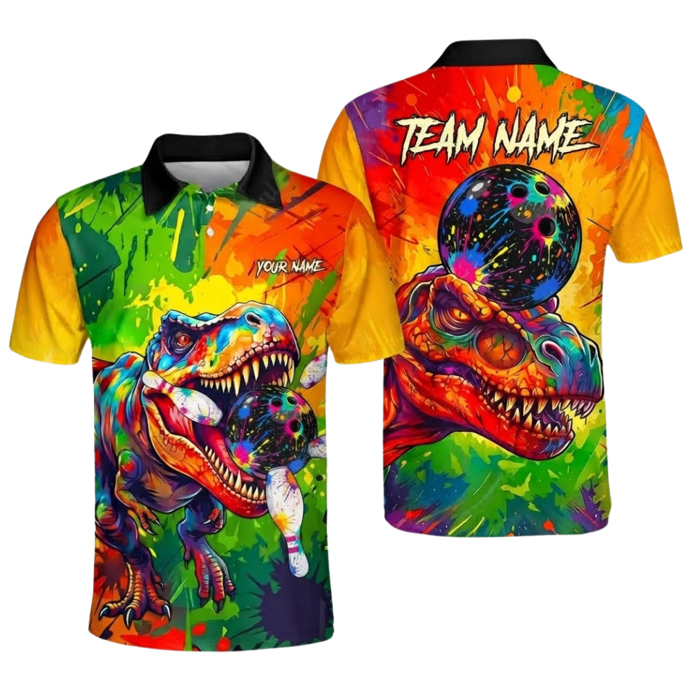 Custom T-Rex Colorful Men's Bowling Polo Shirt, Custom Dinosaur Bowling Team Shirt BZ0927