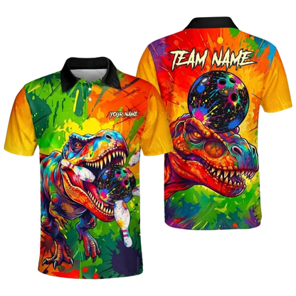 Custom T-Rex Colorful Men's Bowling Polo Shirt, Custom Dinosaur Bowling Team Shirt BZ0927