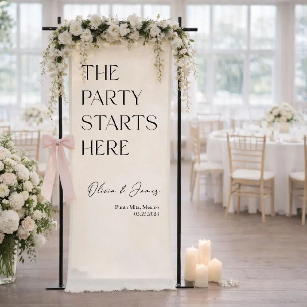 The Party Starts Here Personalized Wedding Fabric Welcome Sign, Custom Rehearsal Dinner Party Banner WD0405