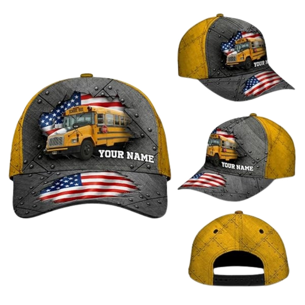 Custom School Bus USA Flag Basball Cap, Custom Name Bus Driver 3D Printed Cap CP0453