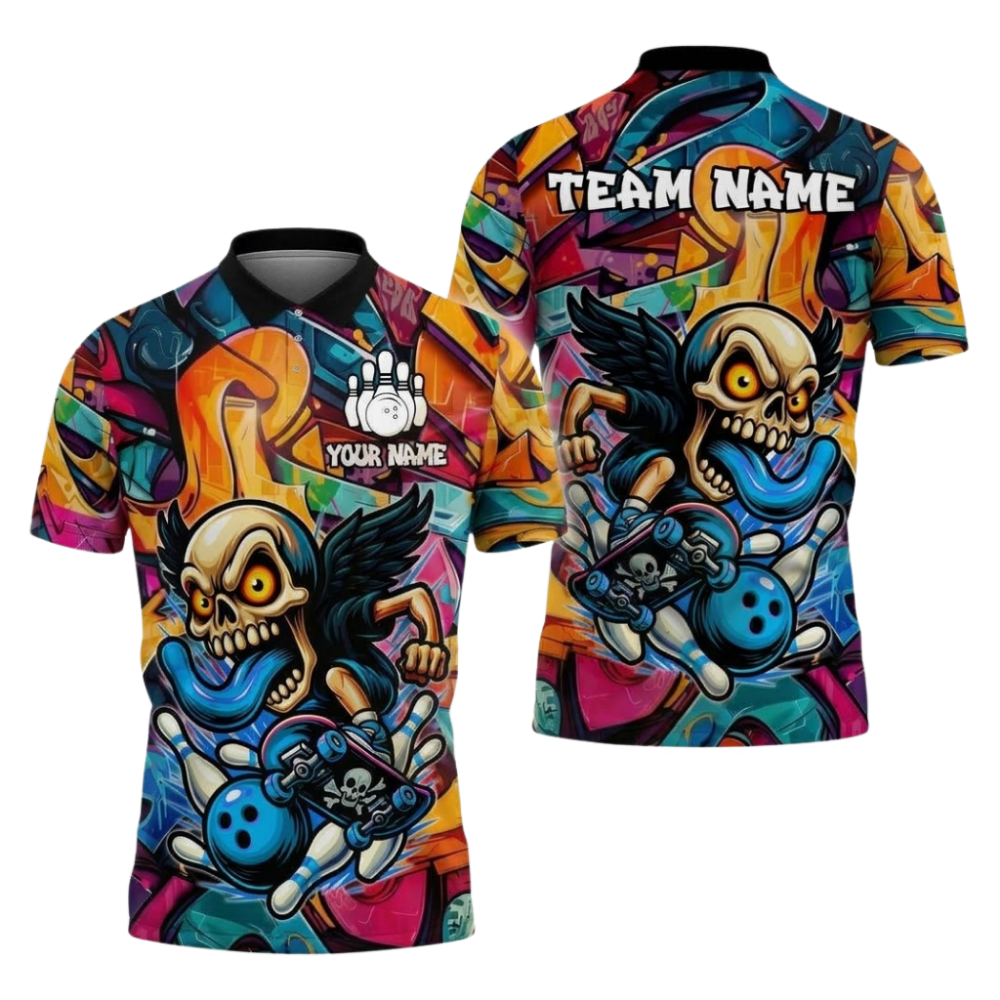 Custom Skull Graffiti Bowling Polo Shirt For Men, Custom Skull Bowling Team Shirt BZ1098