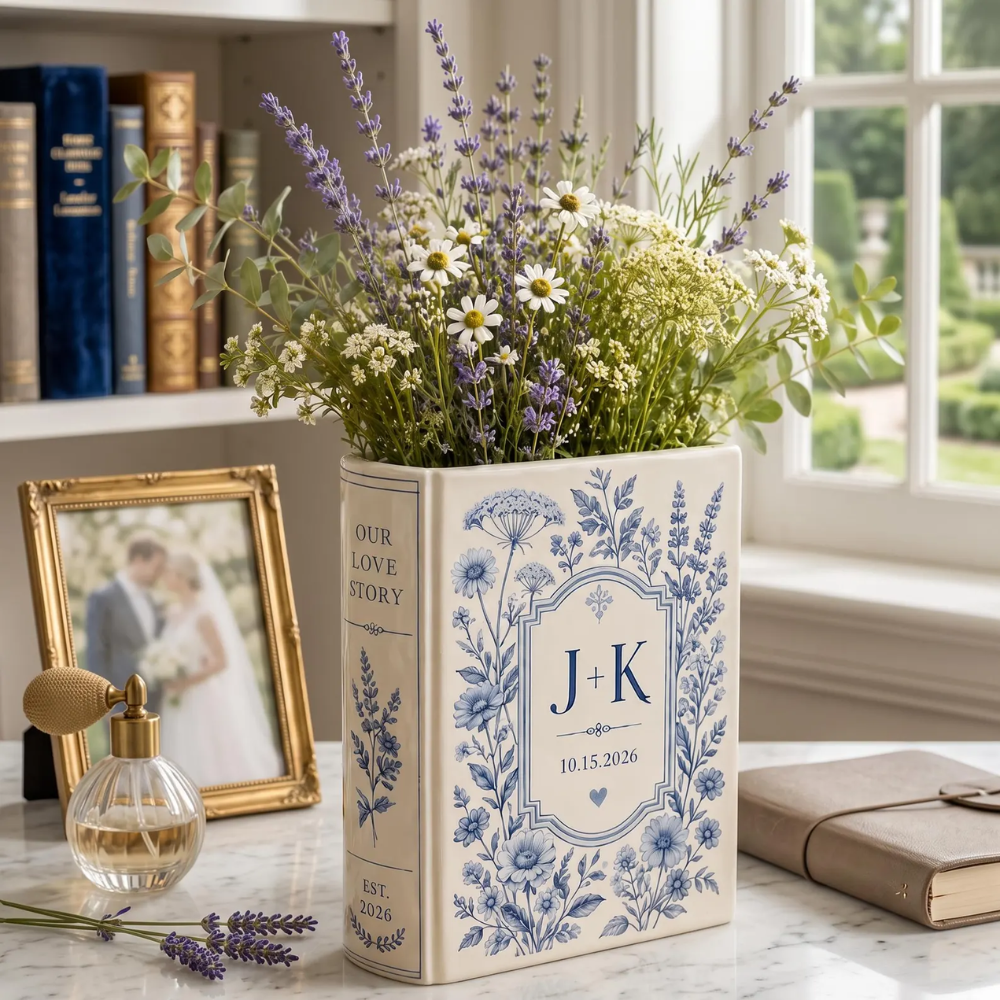 Custom Monogram Initials Couple Name Blue Wildflower Wedding Ceramic Book Vase, Custom Floral Wedding Engagement Book Vase WD0583