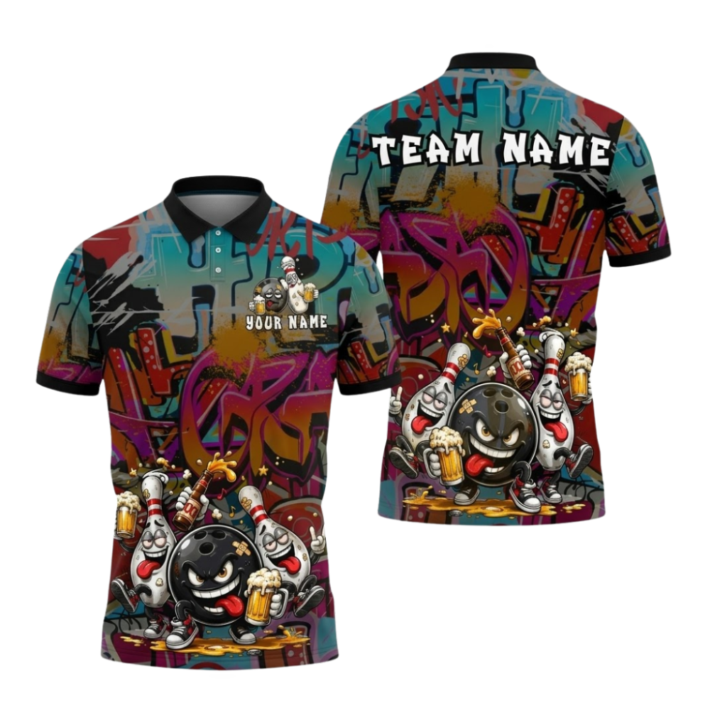 Custom Graffiti Funny Bowling Ball Drinking Beer Polo Shirts Mens, Custom Beer Graffiti Bowling Team Shirts BZ1056