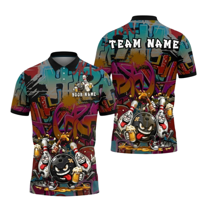 Custom Graffiti Funny Bowling Ball Drinking Beer Polo Shirts Mens, Custom Beer Graffiti Bowling Team Shirts BZ1056