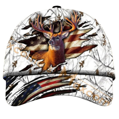 Custom Deer USA Flag Hunting Baseball Cap, Custom Patriot Deer Hunting Hat CP0434