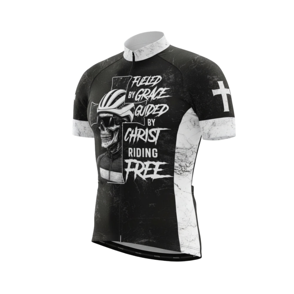 Flued By Grace Guid By Christ Riding Free Skull Cycling Short Sleeve Jersey For Men, Skull Christian Cycling Jersey CG0535