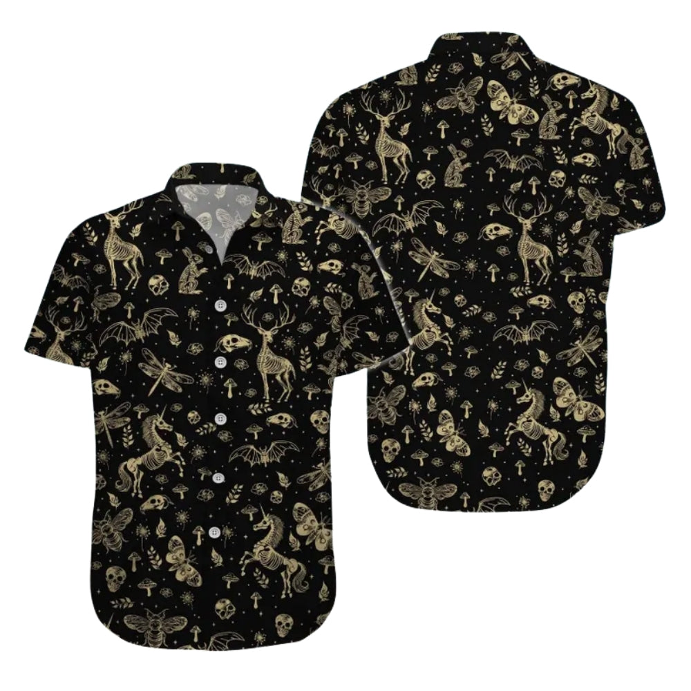 Skeleton Animals Hawaiian Shirt Mens Black And Gold, Skeleton Hawaiian Shirts HE0149