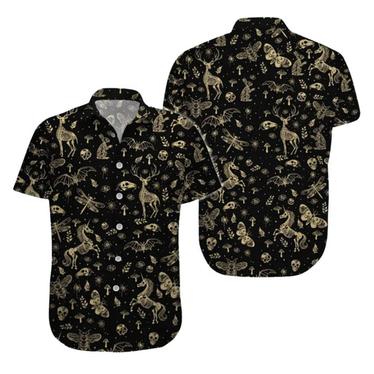 Skeleton Animals Hawaiian Shirt Mens Black And Gold, Skeleton Hawaiian Shirts HE0149