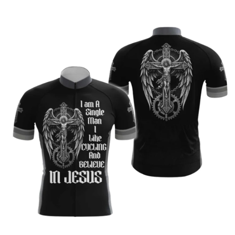 I Am A Single Man I Like Cycling And Believe In Jesus Cross Cycling Short Sleeve Jersey Mens, Faith Christian Cycling Jerseys CG0536