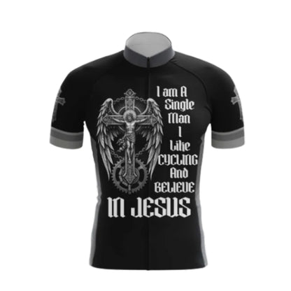 I Am A Single Man I Like Cycling And Believe In Jesus Cross Cycling Short Sleeve Jersey Mens, Faith Christian Cycling Jerseys CG0536