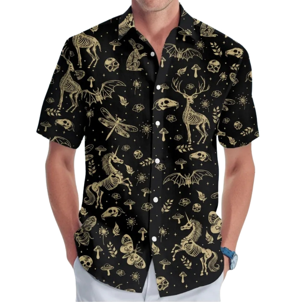 Skeleton Animals Hawaiian Shirt Mens Black And Gold, Skeleton Hawaiian Shirts HE0149