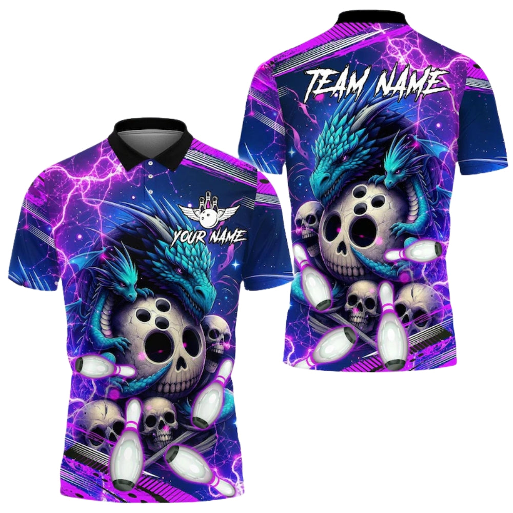 Custom Dragon Skeleton Bowling Mens Polo Shirt Purple Blue, Custom Dragon Skull Bowling Team Shirts BE0165