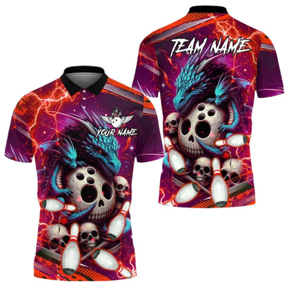 Custom Dragon Skeleton Bowling Mens Polo Shirt Purple Blue, Custom Dragon Skull Bowling Team Shirts BE0165