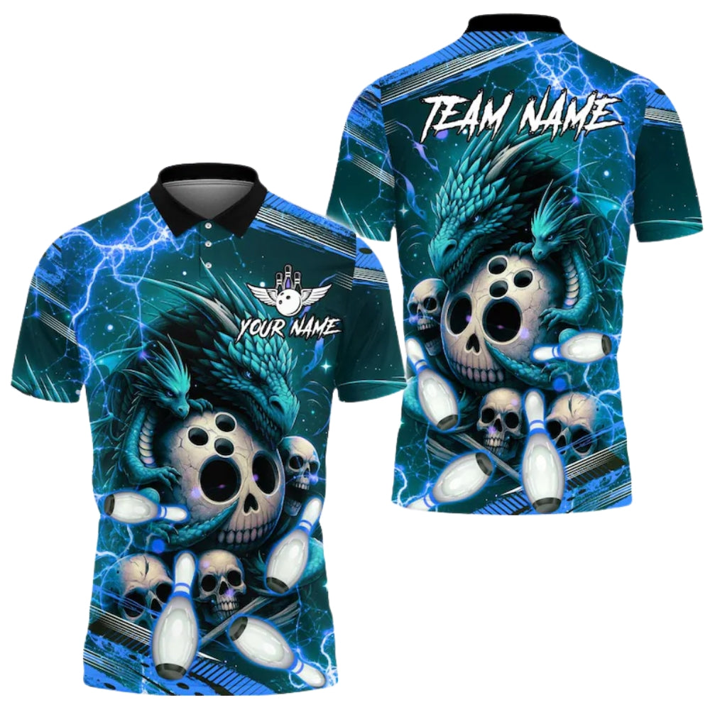 Custom Dragon Skeleton Bowling Mens Polo Shirt Purple Blue, Custom Dragon Skull Bowling Team Shirts BE0165