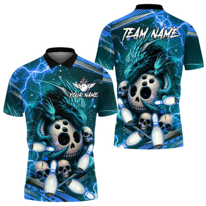 Custom Dragon Skeleton Bowling Mens Polo Shirt Purple Blue, Custom Dragon Skull Bowling Team Shirts BE0165
