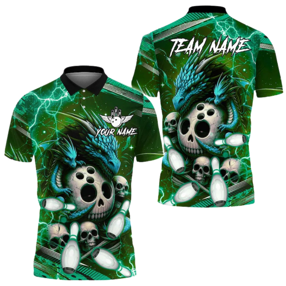 Custom Dragon Skeleton Bowling Mens Polo Shirt Purple Blue, Custom Dragon Skull Bowling Team Shirts BE0165