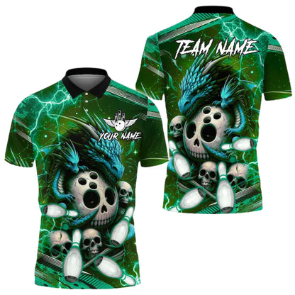 Custom Dragon Skeleton Bowling Mens Polo Shirt Purple Blue, Custom Dragon Skull Bowling Team Shirts BE0165