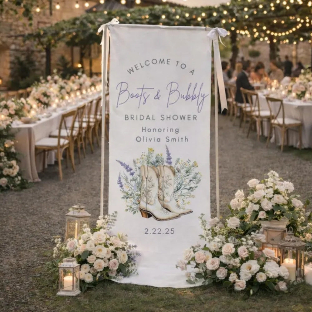 Boots And Bubbly Custom Cowgirl Bridal Shower Fabric Welcome Banner, Custom Western Fabric Welcome Banner For Bridal Party WD0213